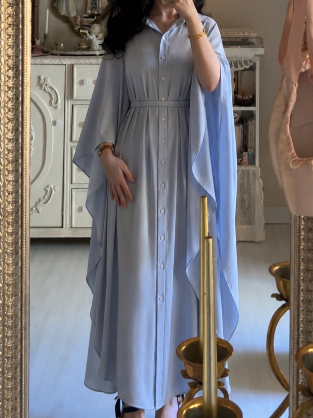Light Blue Button-Front Maxi Robe with Draped Cape Sleeves butterfly